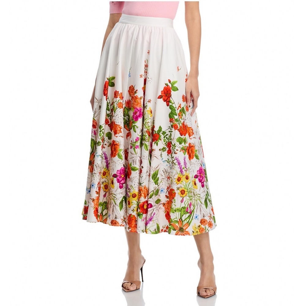 Elie Tahari Juliana Sky Jardin Skirt Floral Cotton Midi White Multi Size 10